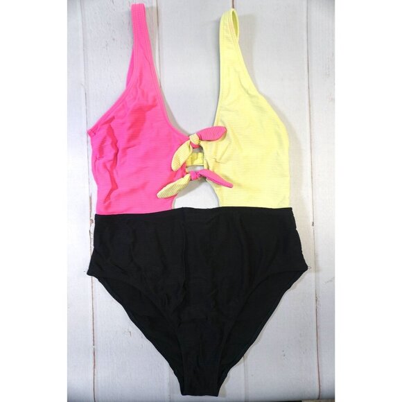 No Boundaries Juniors' Neon Colorblock One-Piece Swimsuit - Size M (7/9) - Picture 3 of 8